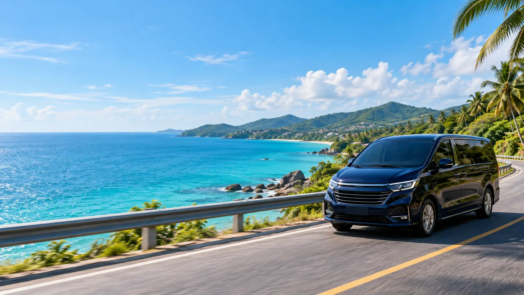 Illustrative coastal-road scene with a private transfer van overlooking the sea