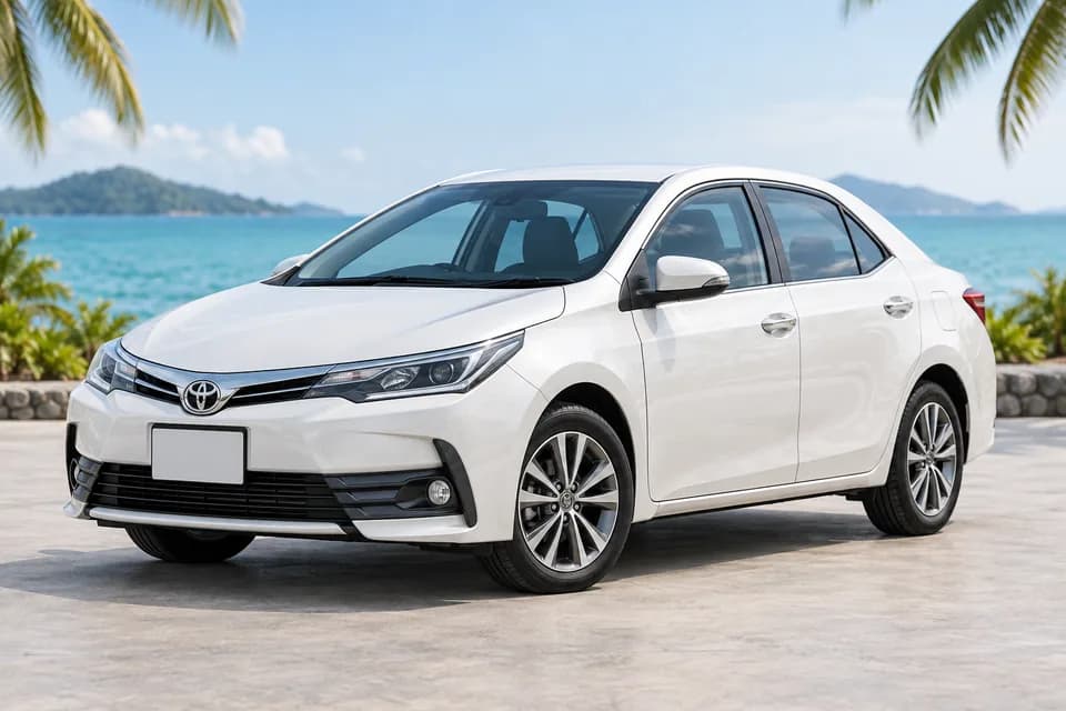 Illustrative white Toyota Corolla sedan by the Samui coast
