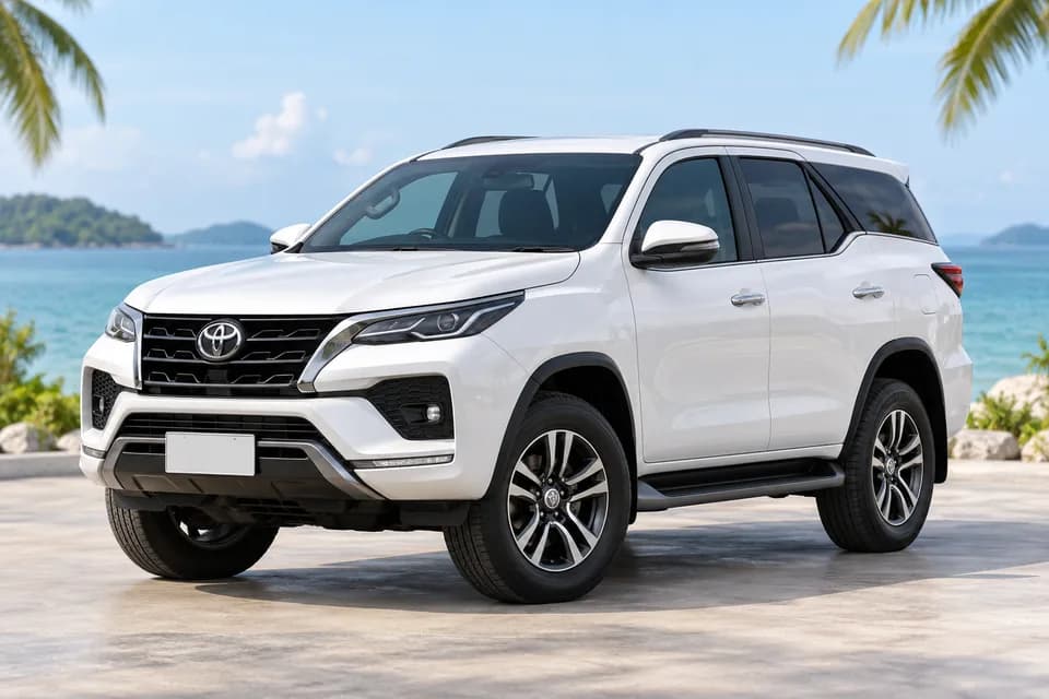 Illustrative white Toyota Fortuner SUV by the Samui coast